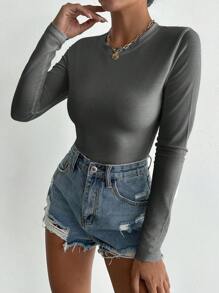 EURMUSE Solid Color Skinny T-shirt Bodysuit - Dark Grey - View 4