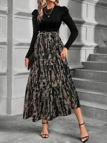 EMERY ROSE Váy thu nữ có thắt lưng nơ, váy chữ A chắp vá họa tiết lá và hoa Maxi dành cho nữ - Nhiều màu - Xem 3