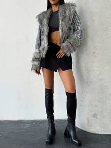 SHEIN Privé 1 pièce Veste femme en patchwork de pied-de-poule moelleuse, pour l'automne et l'hiver