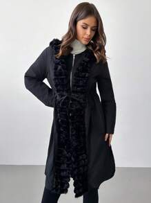 SHEIN Privé 女士连帽拼接毛绒收腰休闲宽松保暖外套秋冬季 - 黑色 - 查看 3