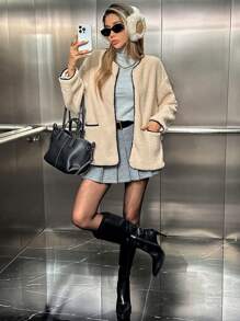 Chiquease Áo khoác nữ thường ngày có lót nhiệt Wheat Ears, túi đôi, màu sắc chặn - Màu be - Xem 6