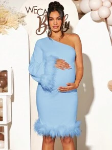 Loomaby Asymmetrical Neckline Solid Color Fashionable Maternity Long Sleeve Dress, Parties And Gatherings, For Baby Shower