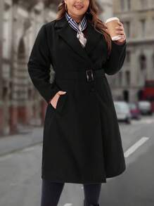 EMERY ROSE Plus Size Women's Winter Solid Color Notched Lapel Long Sleeve Double Breasted Pocket Elegant Woolen Winter Women Coat Coat - Black - View 2
