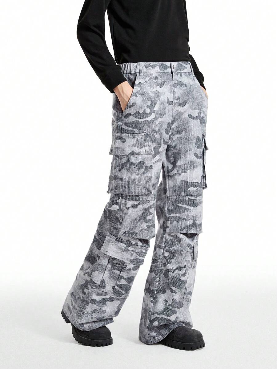 NEON BLANC Men's Grey Street Style Letter Embroidery Long Pants With 3D Pockets