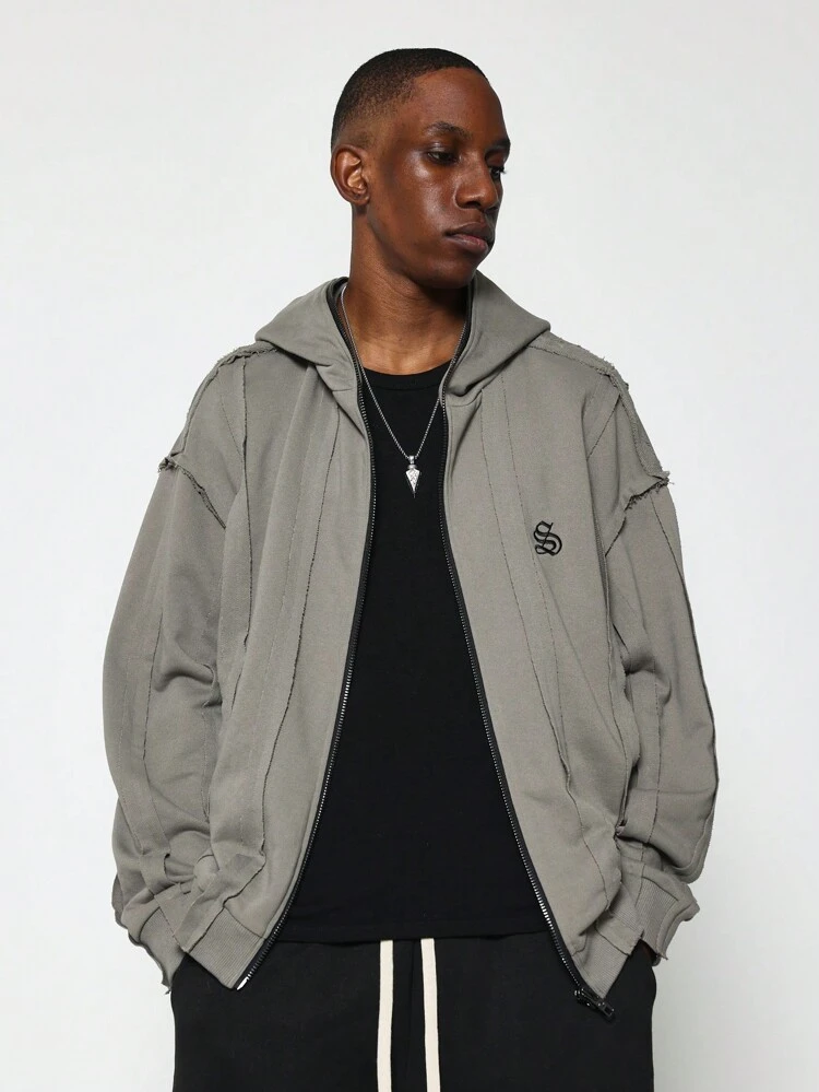 SUMWON Oversized Distressed Full-Zip Hoodie Athletic Sweatshirt Winter Fall Streetwear Vintage Washed Raw Edge Seam Detail Urban Casual Sports Loungewear