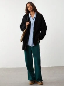 SHEIN Unity 1 件女式黑色纹理针织休闲前开长款开衫，简约百搭，适合秋冬季 - 黑色 - 查看 5