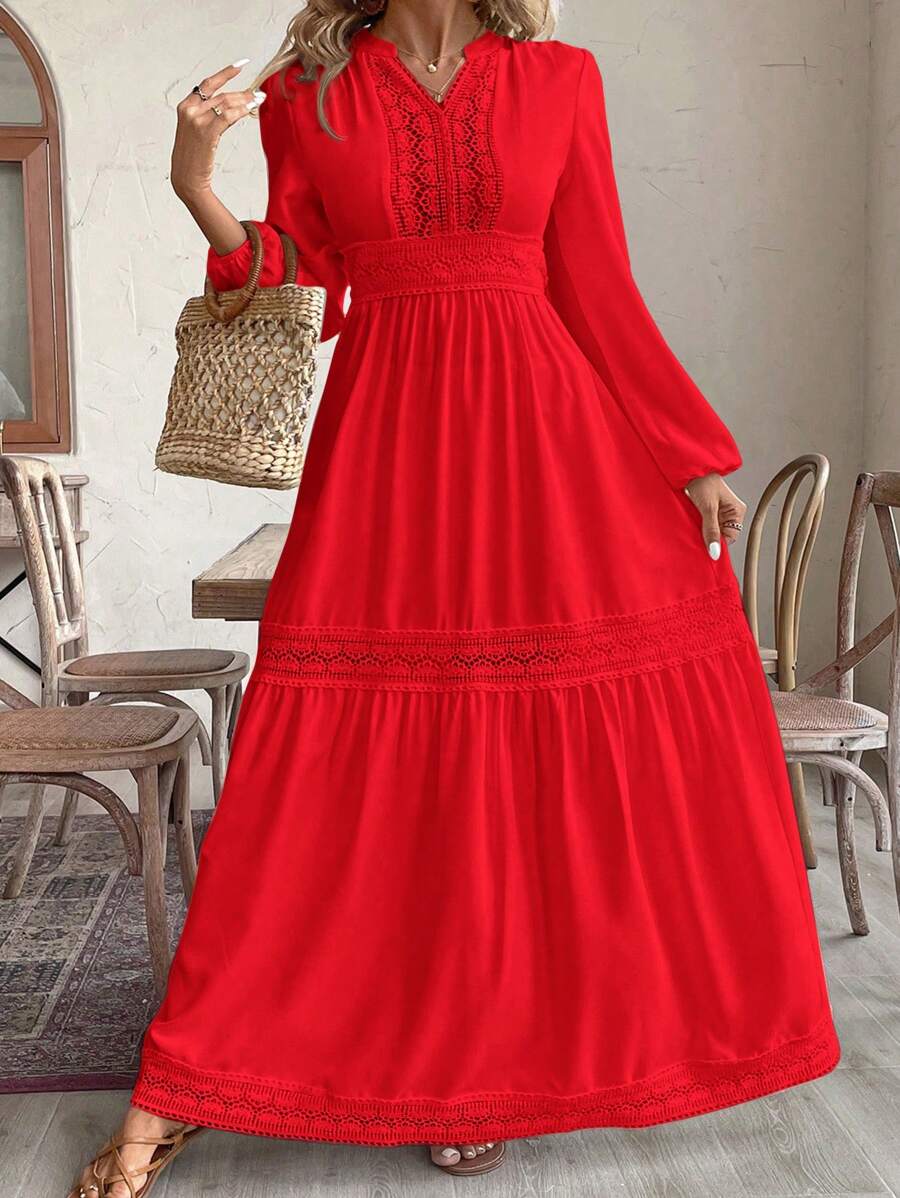 SHEIN VCAY Plus Size Women Solid Notched Neck Lantern Sleeve Contrast Lace Waist Fit Dress,Beach Dress Sundress,Holiday Outfits Boho - Red - View 1