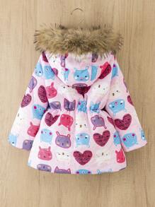 SHEIN Young Girl Cartoon Print Velvet Thickened Padded Coat, 4-7 Years Old, Hooded With Fluffy Collar, Stylish And Padded Coat For Winter