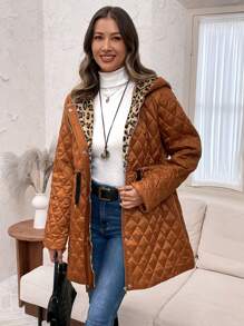 EMERY ROSE Women's Drawstring Waist Zip-Up Quilted Hooded Coat - Brown - View 4