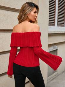 Women's Solid Color Off Shoulder Flared Sleeve Casual Sweater, Autumn/Winter - Red - View 2