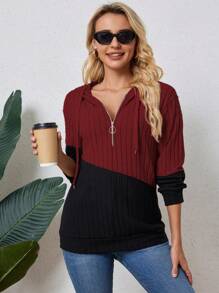 SHEIN Sudadera casual de punto acanalado de dos tonos con cremallera y cordón, para primavera y otoño, graduación, maestras, vuelta al colegio, para mujer, otoño e invierno - Rojo - Ver 3
