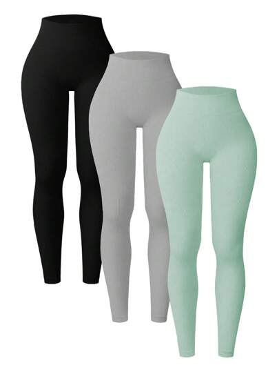 3pcs Rib-Knit Yoga Leggings Seamless Medium Stretch Tummy Control Gym Leggings