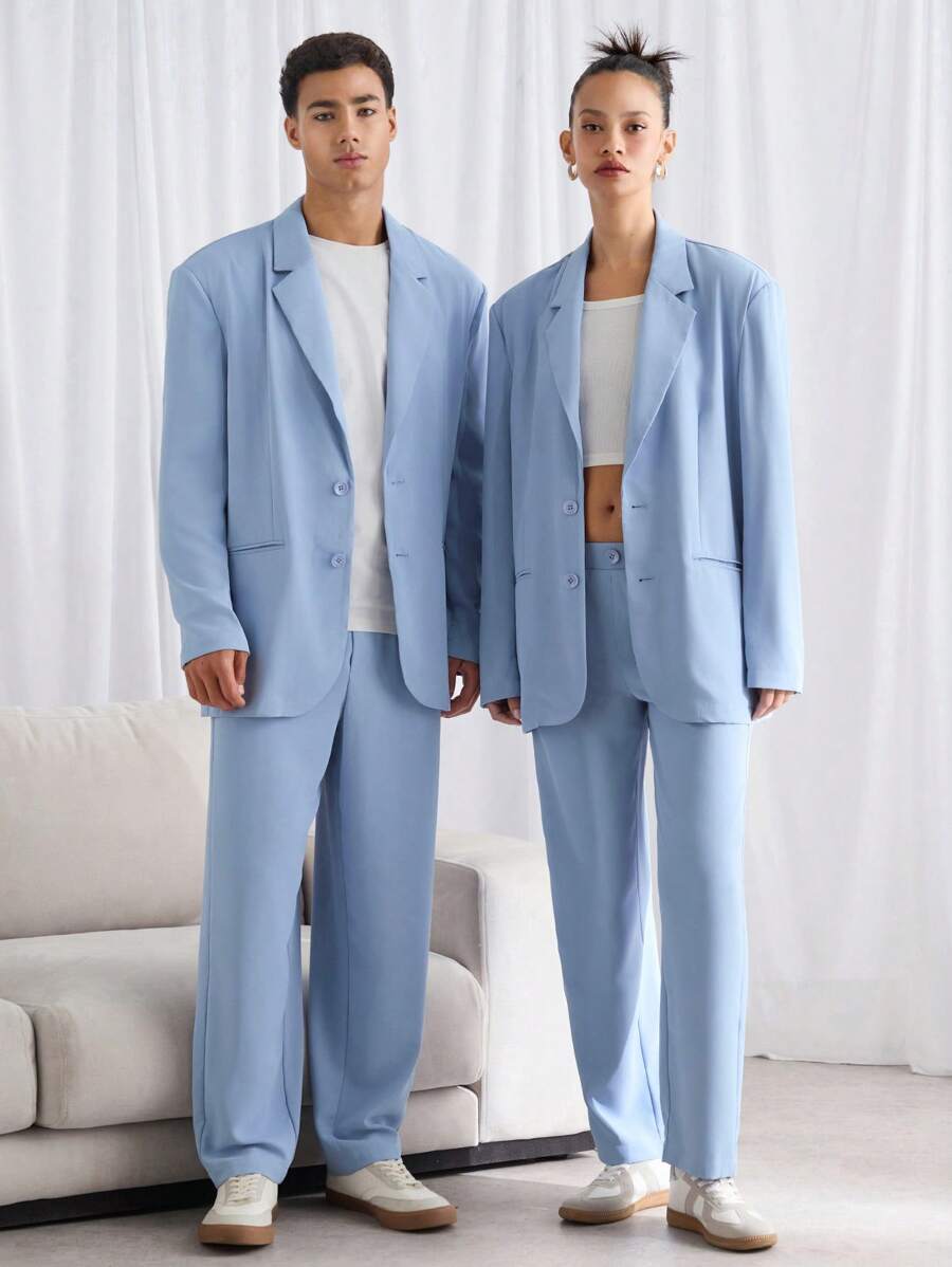 Manfinity VCAY 2pcs Men Loose Fit Casual Collar Jacket And Pants Set, Suitable For Autumn - Baby Blue - View 1