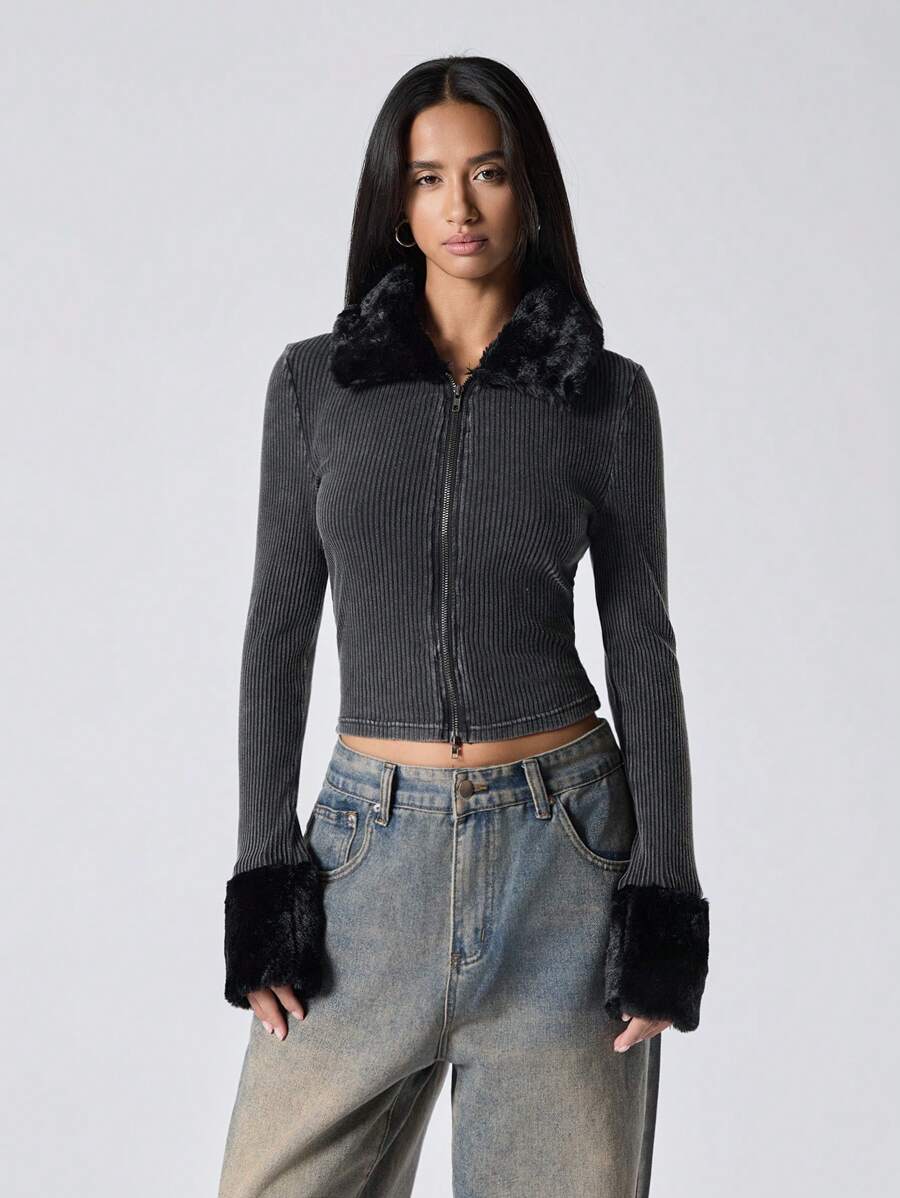 LYSMO Ramadan Slim Fit Distressed Faux Fur Collar Long Sleeve Jacket - Dark Grey - View 1