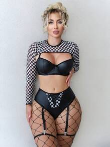 6 bộ quần áo da dài tay buộc dây in họa tiết kẻ caro gợi cảm cho lễ Halloween, thắt lưng garter và tất lưới trang phục đua xe - màu đen - Xem 5