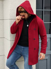Manfinity Homme 1pc Men's Solid Color Button Front Long Sleeve Minimalist Hooded Overcoat, Casual Winter Fall Going Out Business Overcoat, For Friends, Husband, Boyfriend Gifts
