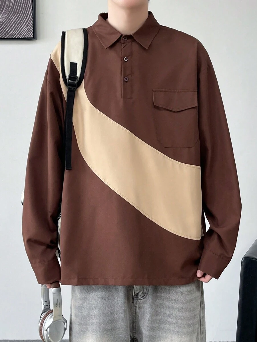 Claim Dot 1pc Men's Loose Fit Color Block Long Sleeve Casual Polo Shirt, Autumn - Multicolor - View 1