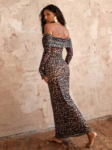 Opulessa 1 件女士度假针织网眼印花露肩长袖紧身连衣裙 - 卡其色 - 查看 2