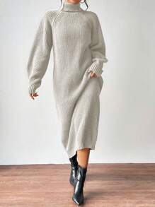 Aalyst Women Solid Color Turtleneck Sweater Dress, Minimalist Style For Autumn/Winter Fall Cloth For Women - Light Grey - View 3