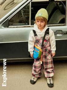 SHEIN Young Boy Wide Strap Button Pocket Simple Casual Jumpsuit - Watermelon Pink - View 3