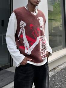 Manfinity EMRG Men's Casual Skull Pattern Knitted Sweater Vest, Spring And Autumn