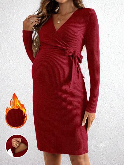 SHEIN Maternity Solid Color Rib Surplice Neck Twist Side Fitted Long Sleeve Dress, Fitted Dress, Spring/Autumn