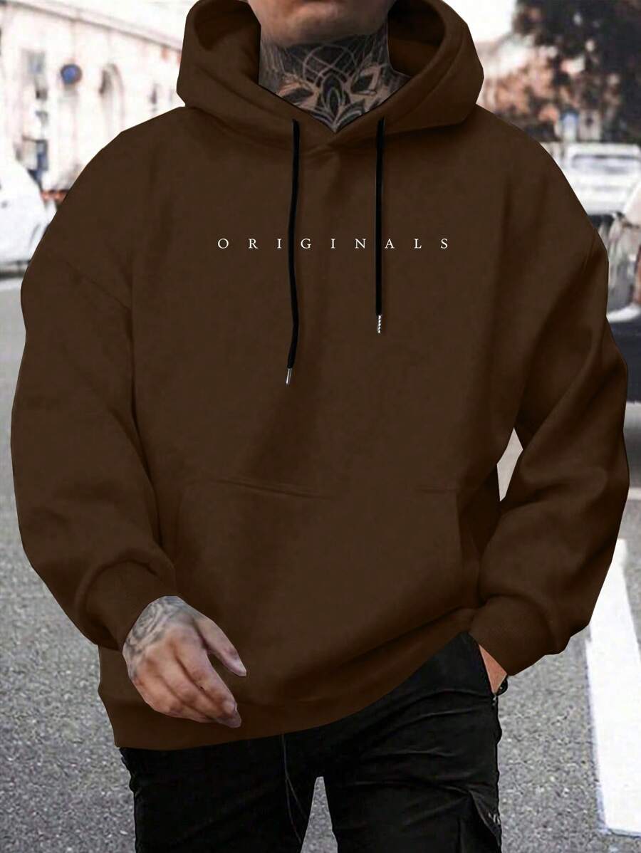 Manfinity Homme Men's Casual Letter Print Pullover Hooded Sweatshirt, Minimalist Design For Everyday Wear, For Fall, Long Sleeve Top - Brown - View 1
