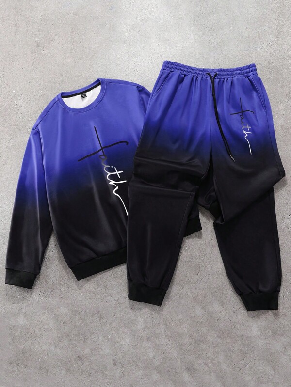 Manfinity LEGND Conjunto de 2 piezas para hombre talla grande: sudadera de cuello redondo con estampado de letras en degradé y pantalón de chándal, informal