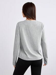 SHEIN EZwear 女士休闲纯色 V 领长袖宽松 T 恤 - 淺灰色 - 查看 5