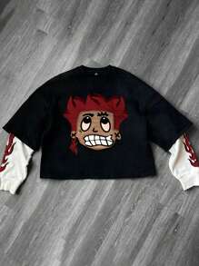 PAVTROS 男士休闲肖像印花撞色运动衫，秋季，红色图案外出街头穿着圆领图案运动衫，适合朋友、丈夫、男朋友的礼物 - 黑與白 - 查看 1