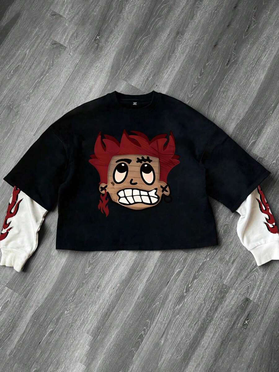 PAVTROS 男士休闲肖像印花撞色运动衫，秋季，红色图案外出街头穿着圆领图案运动衫，适合朋友、丈夫、男朋友的礼物 - 黑與白 - 查看 1