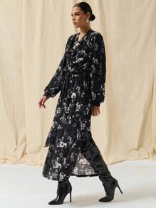COSMINA Autumn/Winter Women All-Over Print V-Neck Long Sleeve Long Dress
