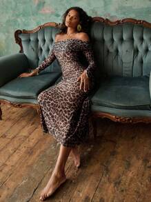 Opulessa 1 件女士度假针织网眼印花露肩长袖紧身连衣裙 - 卡其色 - 查看 6