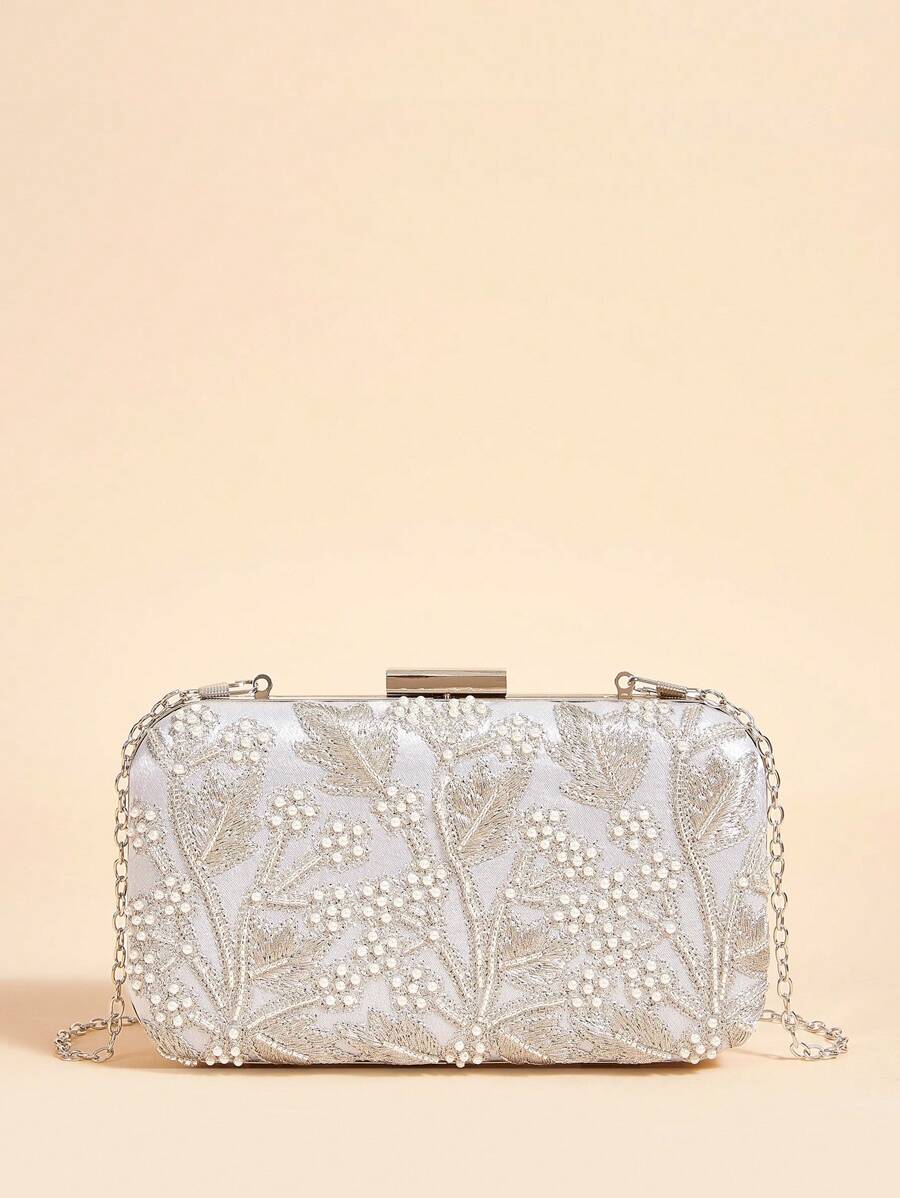 SHEIN Belle 女士、女士手包、晚装包、时尚、优雅、精致、经典、珍珠、刺绣、银色、适合新娘、伴娘、婚礼嘉宾、蜜月、婚礼、新娘送礼会、派对、约会、晚会、约会之夜、秋冬季 - 銀色 - 查看 1