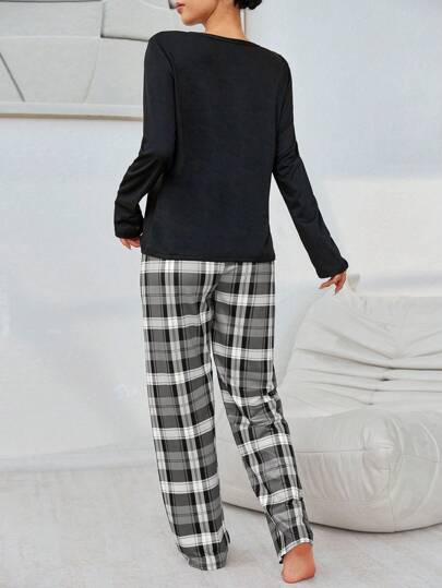 Women Plaid Print Long Sleeve Sleepwear Pajama Set, Top Pants, Fall Clothes Cozy Elegante view 2