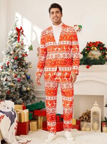 Manfinity VCAY 2pcs Men's Slim Fit Lapel Front Open Jacket & Pants Suit Set, Suitable For Autumn & Christmas - Red - View 4