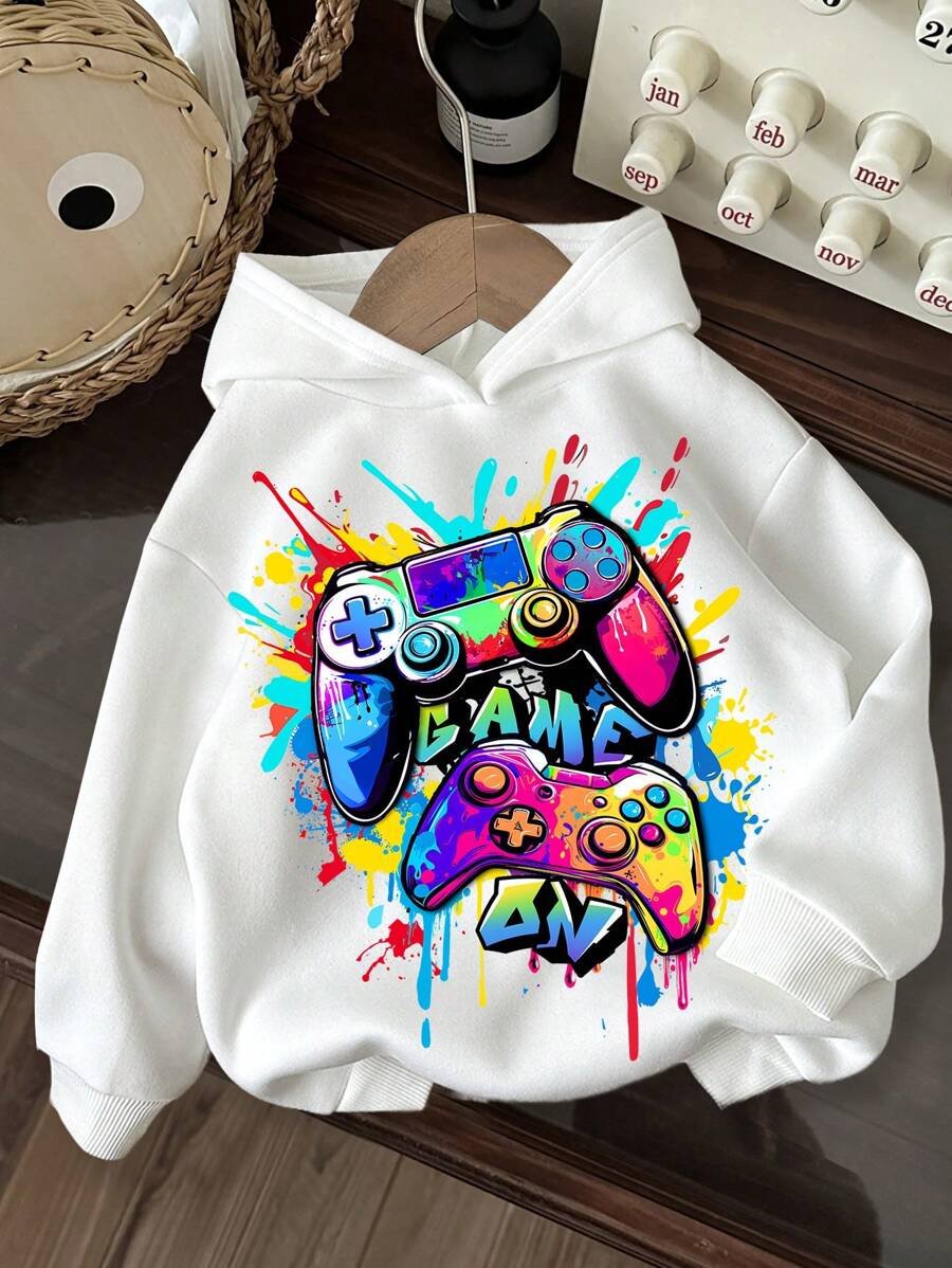 SHEIN 男童休闲游戏手柄图案宽松舒适加厚针织长袖卫衣,适合秋冬季穿着 - 白色 - 查看 1