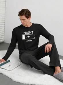 RueChic Men Letter Print Solid Regular Longsleeve T-Shirt Homewear Set - Black - View 1