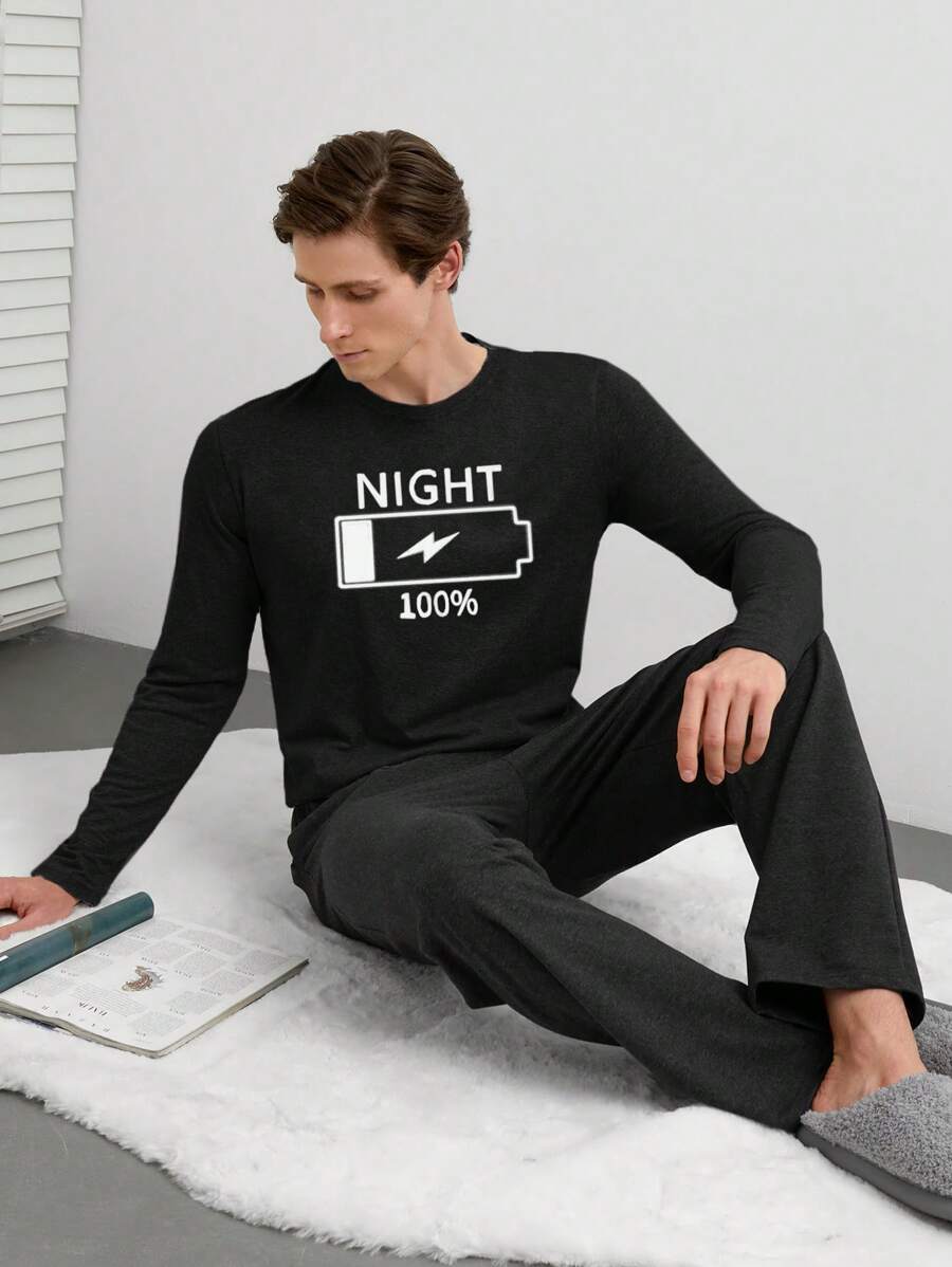 RueChic Men Letter Print Solid Regular Longsleeve T-Shirt Homewear Set - Black - View 1