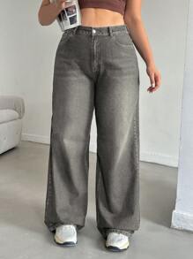 EURMUSE Plus Size Women Low Waist Pocketed Vintage Washed Jeans - Grey - View 3