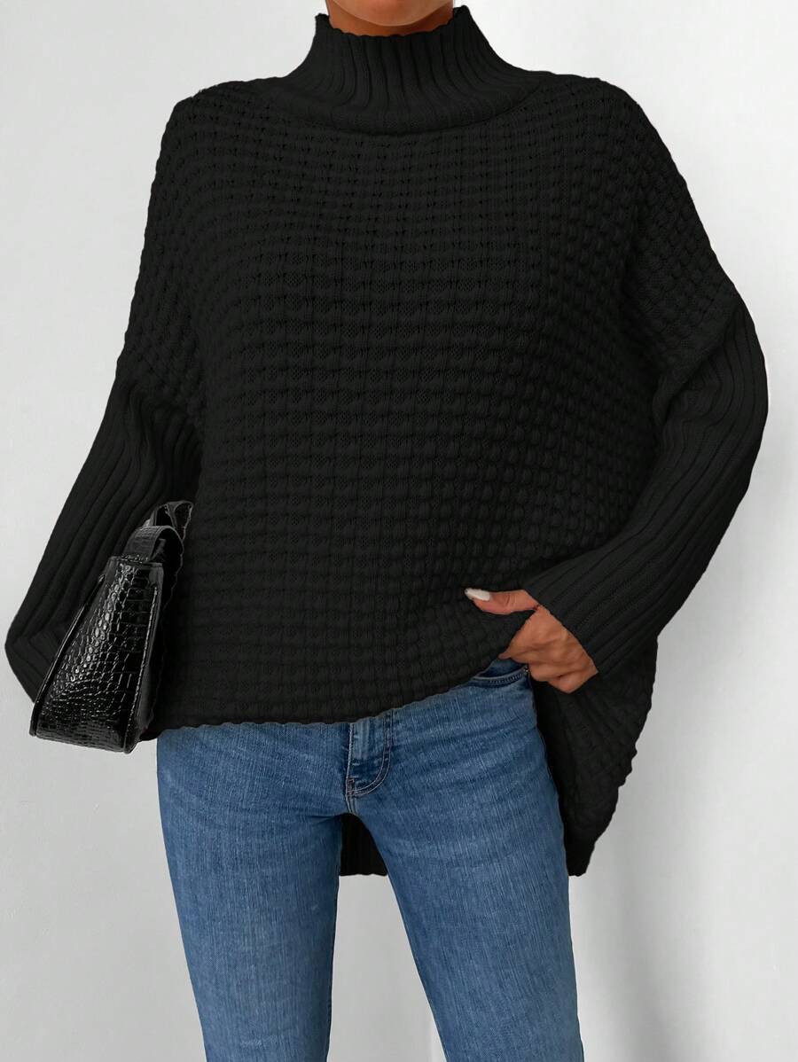EURMUSE Plus Size Solid Color Stand Collar Sweater, Casual Wear Fall/Winter Clothes - Black - View 1