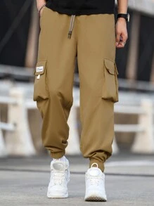 Claim Dot Men Plus Size Letter Graphic Flap Pocket Side Drawstring Waist Loose Cargo Pants, Fall - Brown - View 5