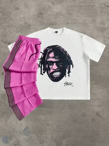 Manfinity VCAY Men's Loose Fit Round Neck Short Sleeve T-Shirt With Human Figure Print, Suitable For Summer - White - View 3