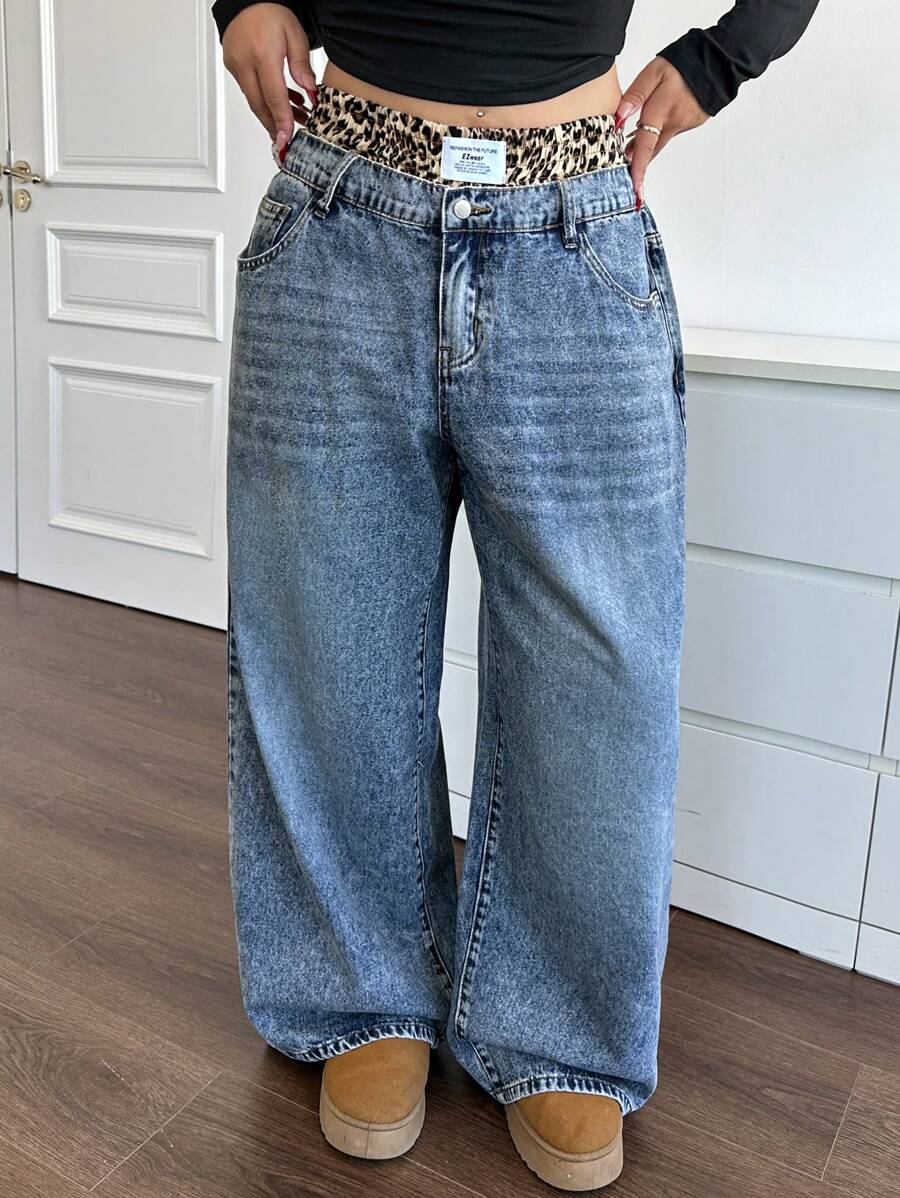 SHEIN PETITE CURVE Jeans bleus amples pour femmes grandes tailles avec double taille et imprimé