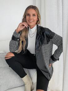 SHEIN LUNE Áo khoác Biker dáng rộng dành cho nữ có chi tiết chắp vá bằng vải tuýt, khóa kéo, thu đông - Đen và trắng - Xem 5