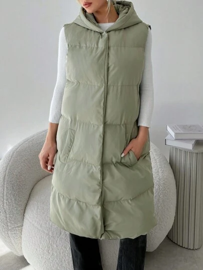 SHEIN Privé 女士纯色单排扣连帽无袖休闲棉服外套，冬季