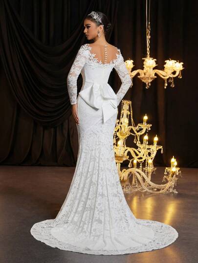 Glamrae Elegant Romantic Full Lace Placement Floral Sheer Long Sleeve High Collar 3D Embroidery Form-Fitting High Waist Slimming Fish Tail Long Train Detachable Oversized Bow Wedding Dress, White Bridal Dress,Bride
