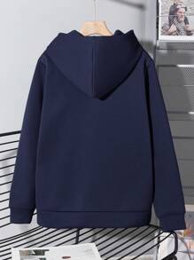 SHEIN Leap Crew 青少年男童休闲印花保暖连帽衫，深灰色和绿色，适合秋季、冬季保暖穿着，可用于上学、居家、日常穿着、运动、生日派对、郊游等场合，百搭实用。 - 藏蓝色 - 查看 2