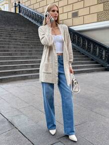 EURMUSE Casual Solid Color Dual Pocket Fringe Cardigan, Autumn/Winter - Beige - View 3