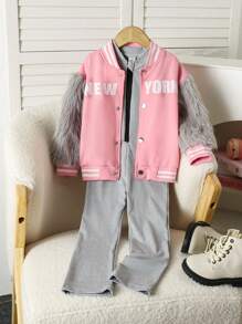 2 Stücke modischer lässiger Sportoutfit für Kleine Mädchen: New York Buchstaben-Muster Fellbomber Jacke + einfarbiger gerippter Langarm Jumpsuit, Frühling und Herbst - Verschiedenfarbig - Übersicht 1